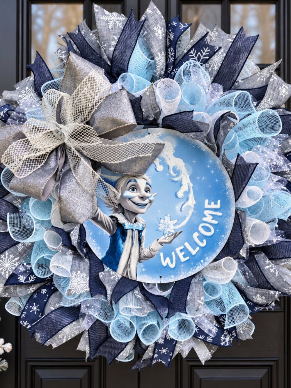 Jack Frost Inspired Winter Wreath 26" Blue Snowflake Front Door Decor